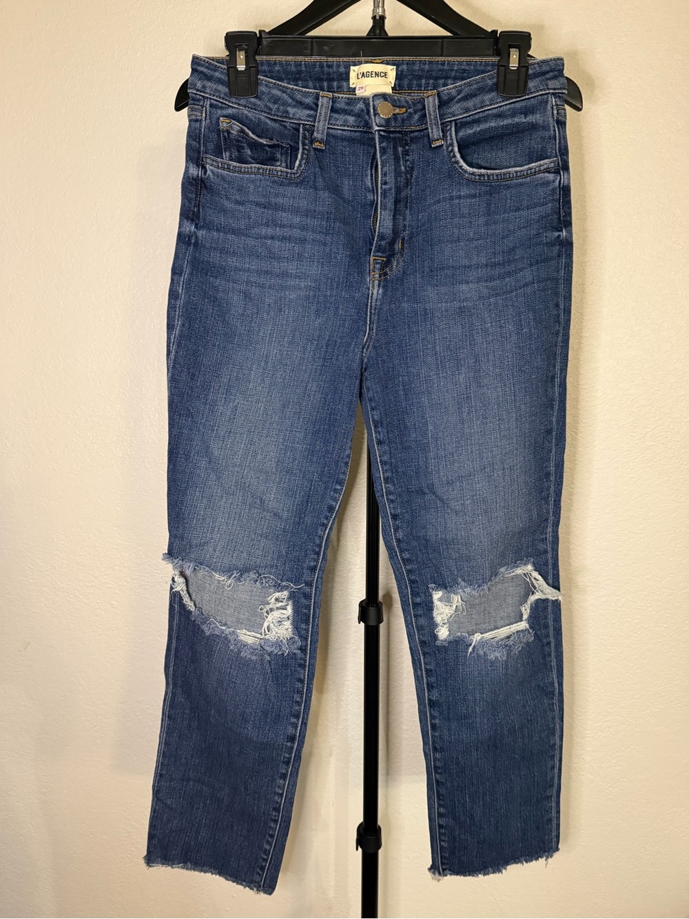 L'Agence High Line Distressed Skinny Jeans Size 29 Dark Wash Knee Rips Raw Hem
